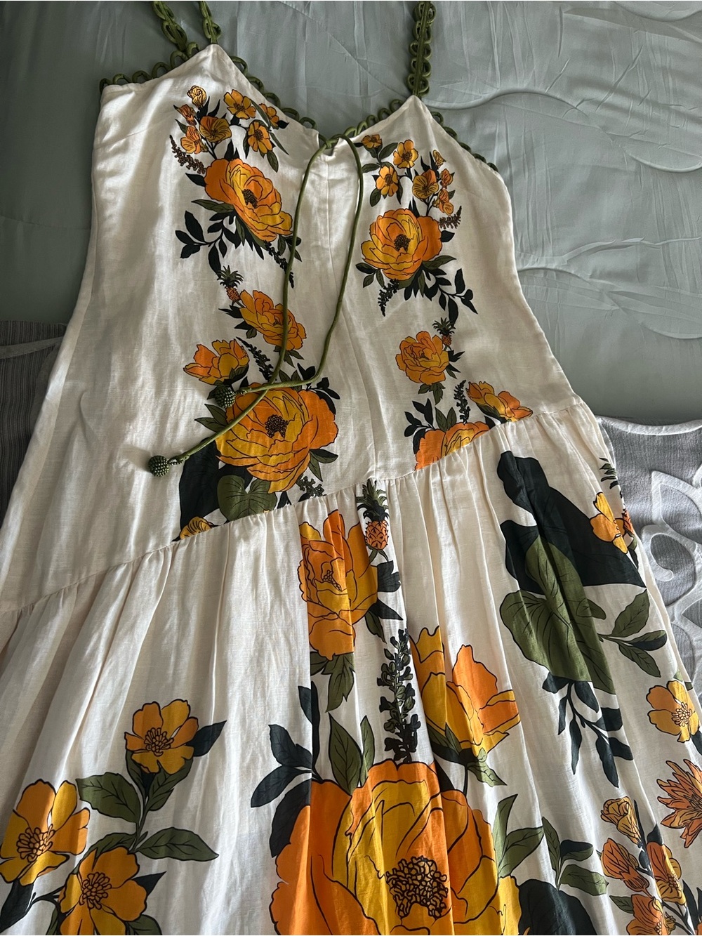 FARM Rio Cream Maxi Dress with Yellow Floral Print and Olive Scallop Straps - Picture 6 of 7